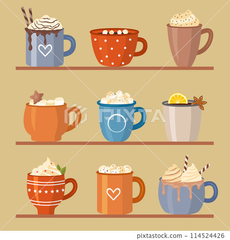 Coffee cups different utensils for hot drinks decorative mugs on kitchen shelves 114524426