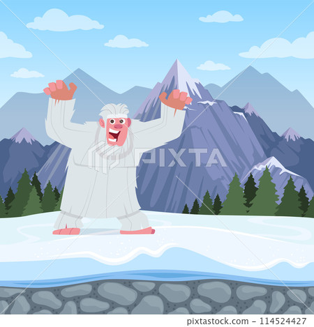 Bigfoot snow background with mountain and bigfoot angry character in action pose 114524427