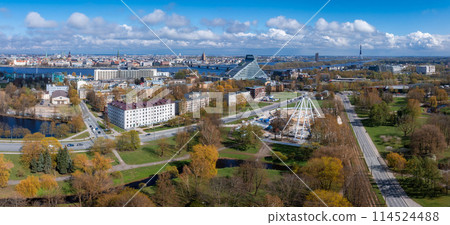 Aerial view of the Riga, Latvia. Beautiful summer day over Riga with old town in the background. Capital of Latvia. Aerial view of the Riga, Latvia. Beautiful summer day over Riga with old town in the background. Capital of Latvia. 114524488