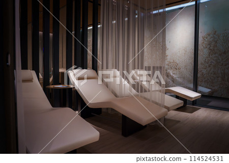 Serene, modern relaxation setting at luxury hotel in Zermatt, Switzerland. Sleek white lounge chairs on dark wooden floor, private and stylish. Sophisticated, tranquil ambiance for unwinding. Serene, modern relaxation setting at luxury hotel in Zermatt, Switzerland. Sleek white lounge chairs on dark wooden floor, private and stylish. Sophisticated, tranquil ambiance for unwinding. 114524531