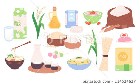 Rice products. Plants, sushi and drinks. Traditional rice food, porridge and sweets. Noodles with eggs and chopsticks. Racy cartoon ingredients set 114524627
