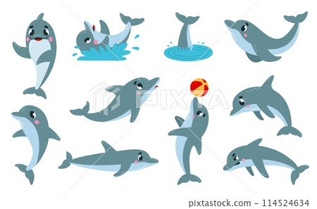 Dolphins characters funny emotions. Cute dolphin swimming and playing, doing tricks. Underwater cartoon animals different poses, classy vector set 114524634