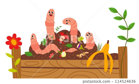 Worms and compost. Cute earthworms in garden soil with organic waste. Cartoon invertebrate characters, insects in ground classy vector recycle scene 114524636