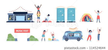 Open air party. Flat young characters in trance, dancing and singing. Music fest elements, stage, hot dog food truck and tent, recent vector set 114524644