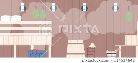 Sauna wooden interior. Hammam with fog, wood barrel for relax. wellness therapy, zone for spa procedures. steam room flat vector background Sauna wooden interior. Hammam with fog, wood barrel for relax. wellness therapy, zone for spa procedures. steam room flat vector background 114524648