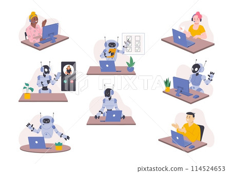 Chatbot customer support. Robots and people working in office together. Android in call center supporting client, splendid vector cartoon scenes 114524653