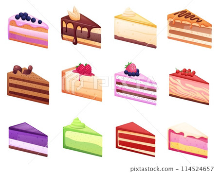 Cartoon pieces of cakes. Isolated cake piece with cream, fruits, berries and chocolate. Strawberry and raspberry dessert, jam and caramel, nowaday vector icons 114524657