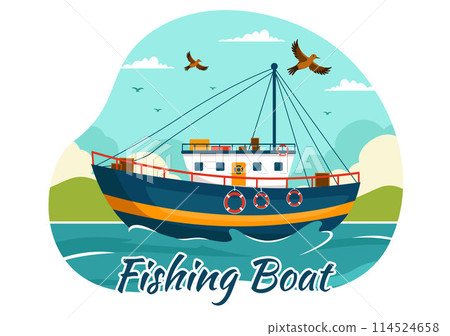 Fishing Boat Vector Illustration with Fishermen Hunting Fish Using Ship at Sea in Flat Cartoon Background Design 114524658