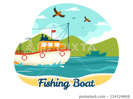 Fishing Boat Vector Illustration with Fishermen Hunting Fish Using Ship at Sea in Flat Cartoon Background Design 114524668