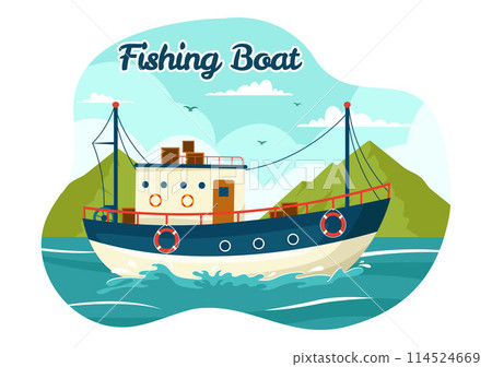 Fishing Boat Vector Illustration with Fishermen Hunting Fish Using Ship at Sea in Flat Cartoon Background Design 114524669