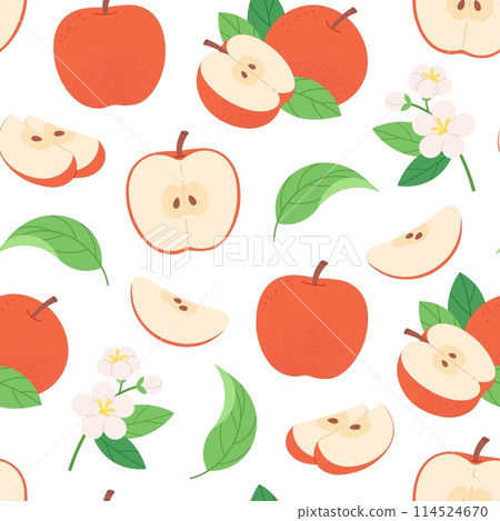 Cartoon apple seamless pattern. Red apples and blossom floral branches. Blooming garden, fabric and wrapping print design, racy vector background 114524670