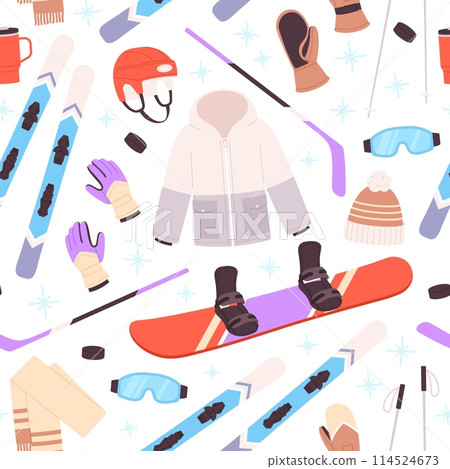 Sport winter seamless pattern. Seasonal clothes for training and activities, ski resort equipment. Snowboard and helmet, racy vector background Sport winter seamless pattern. Seasonal clothes for training and activities, ski resort equipment. Snowboard and helmet, racy vector background 114524673