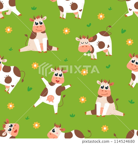 Cow seamless pattern. Cartoon cows, funny dairy farm characters. Textile, wrapping, apparel design childish print template, classy vector background 114524680