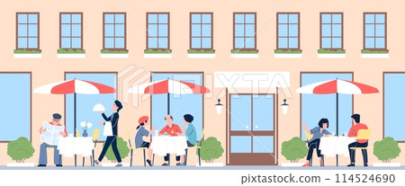 Street summer cafe. Breakfast or dinner in city cafeteria. Seasonal eating in outside restaurant, urban tourism and relax. Recent vector scene Street summer cafe. Breakfast or dinner in city cafeteria. Seasonal eating in outside restaurant, urban tourism and relax. Recent vector scene 114524690