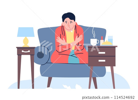 Sick man at home. Boy sitting in armchair with thermometer, hot tea and medications. Influenza or cold, treatment disease recent vector character Sick man at home. Boy sitting in armchair with thermometer, hot tea and medications. Influenza or cold, treatment disease recent vector character 114524692