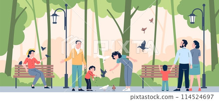 Feed birds in park. People walking and feeding pigeons and sparrows. Flat family, adults rescue city bird. Flat children walk with parents, recent vector scene Feed birds in park. People walking and feeding pigeons and sparrows. Flat family, adults rescue city bird. Flat children walk with parents, recent vector scene 114524697