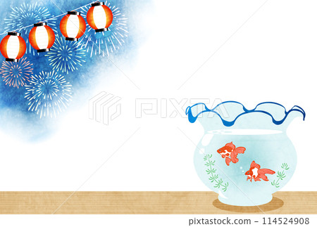 Summer greeting card, goldfish, fireworks, illustration, watercolor, cute, horizontal Summer greeting card, goldfish, fireworks, illustration, watercolor, cute, horizontal 114524908