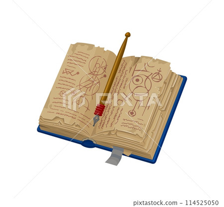 Game book, cartoon vector opened magic tome with rugged pages, bookmark, quill pen and pages adorned with ancient symbols and spells, inviting alchemy exploration. Fantasy witchcraft or wicca grimoire 114525050