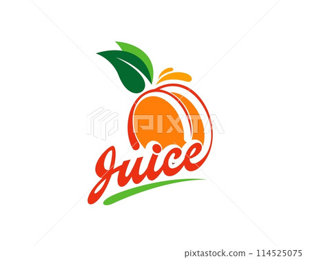 Fresh peach juice icon, apricot fruit drink and smoothie label. Ripe juicy peach or apricot fruit vector symbol with juice splash and drops, green leaves and swoosh. Summer vitamin cocktail beverage 114525075