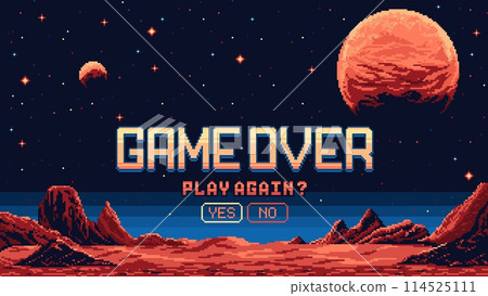 8 bit pixel art video game over screen, mars planet surface landscape. Vector arcade game background, computer game over notification with yes or no choice buttons. Galaxy adventure 8bit gamer console 8 bit pixel art video game over screen, mars planet surface landscape. Vector arcade game background, computer game over notification with yes or no choice buttons. Galaxy adventure 8bit gamer console 114525111