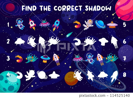 Shadow match game worksheet with UFO and space rocket, alien and spaceship, vector quiz. Kids game to find correct shadow or silhouette of astronaut spaceman and spaceship, planet and alien in space 114525140
