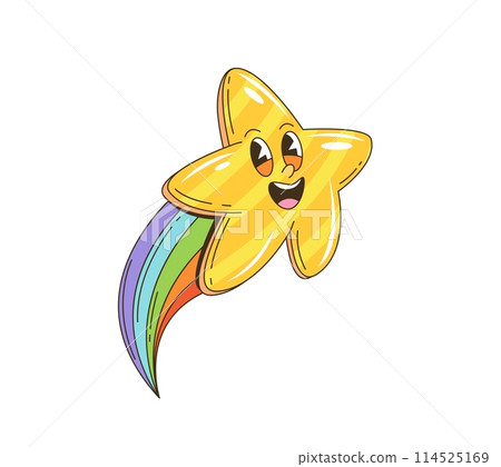 Cartoon retro groovy star character with rainbow in 70s comic art, vector funky face. Groovy shooting twinkle star flying with rainbow tail, 70s hippie art cartoon happy smiling character for emoticon 114525169