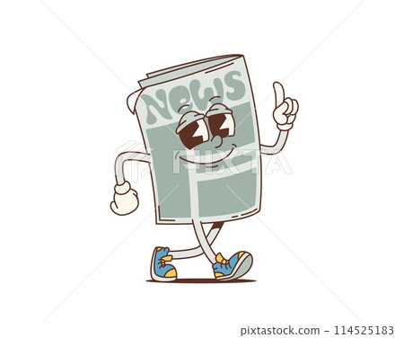 Cartoon retro newspaper groovy character with happy smiling face. Vector vintage cute printed media news paper personage. Hippie psychedelic page of daily newspaper with attention hand gesture Cartoon retro newspaper groovy character with happy smiling face. Vector vintage cute printed media news paper personage. Hippie psychedelic page of daily newspaper with attention hand gesture 114525183