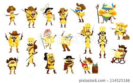 Cartoon Italian pasta cowboy and sheriff, bandit and robber, ranger and Indian chief, vector characters. Penne in cowboy sombrero, spaghetti ranger with pistol gun and tortellini with rum barrel Cartoon Italian pasta cowboy and sheriff, bandit and robber, ranger and Indian chief, vector characters. Penne in cowboy sombrero, spaghetti ranger with pistol gun and tortellini with rum barrel 114525186