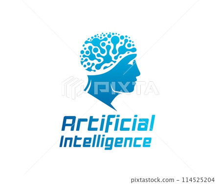 AI artificial intelligence icon, data technology and machine learning. Vector head of robot, cyborg, humanoid bot or human with digital smart brain blue symbol, future technologies and AI assistant 114525204