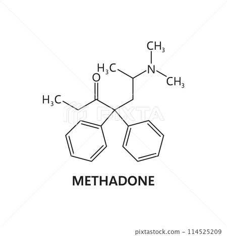 Synthetic drug molecule formula, Methadone structure. Illegal narcotic molecular structure, synthetic drug substance atomic composition or Methadone chemistry science molecule vector scheme Synthetic drug molecule formula, Methadone structure. Illegal narcotic molecular structure, synthetic drug substance atomic composition or Methadone chemistry science molecule vector scheme 114525209