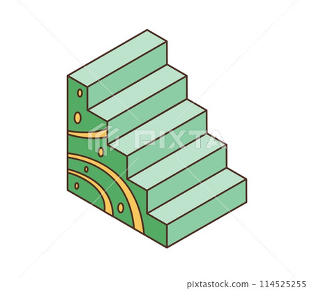 Green stairs retro groovy element or symbol. Isolated vector ladder in vintage hippie style, series of steps for vertical movement between different levels in a building, providing accessibility Green stairs retro groovy element or symbol. Isolated vector ladder in vintage hippie style, series of steps for vertical movement between different levels in a building, providing accessibility 114525255