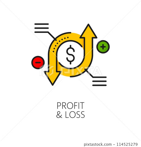Profit and loss color line icon features rotating circular arrows symbolizing financial growth or decline, dollar sign, plus and minus balance, represent financial outcomes and performance analysis Profit and loss color line icon features rotating circular arrows symbolizing financial growth or decline, dollar sign, plus and minus balance, represent financial outcomes and performance analysis 114525279