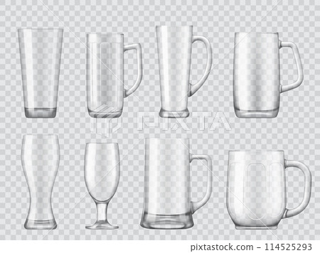 Realistic empty transparent beer glass and tankard glassware. Realistic 3d vector set of isolated transparent cups for alcohol, water, cocktail and refreshing drinks. Mockups of mugs for beverages 114525293