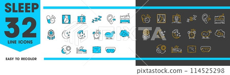 Sleep, dream and nap line icons. Vector bed, pillow, night moon and alarm clock, comfort mattress, sleeping pills, mask, ear plugs and sheep outline symbols. Bad sleep, insomnia and snore zzz signs 114525298