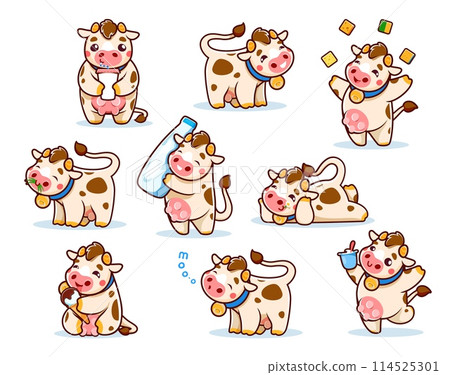 Cartoon cute cow characters with milk, happy animals of dairy farm vector personages. Funny kawaii cows with cute udders and horns, bells, glass and bottle of milk, grass, cheese and ice cream 114525301