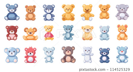 Cartoon Teddy Bears. Icon Set of Soft Toys for Babies in Simple Flat Style on White Background for Infant, Toddler, Plush, Stuffed Animal, and Toy Concepts 114525329