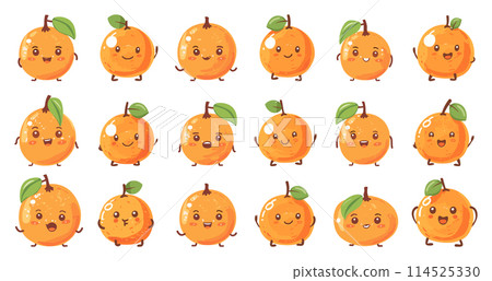 Cartoon Tangerines Characters. Isolated Vector Collection of Cheerful Citrus Fruits with Happy Faces in Various Expressions and Poses 114525330