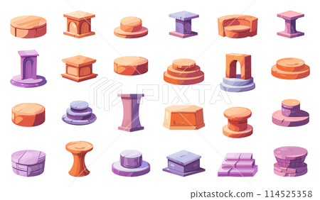 Cartoon Empty Podiums. Icon Set in Simple Flat Style Depicting Different Forms and Sizes on White Background for Presentation, Exhibition, Event, Display, Stage, and Showcase Themes Cartoon Empty Podiums. Icon Set in Simple Flat Style Depicting Different Forms and Sizes on White Background for Presentation, Exhibition, Event, Display, Stage, and Showcase Themes 114525358