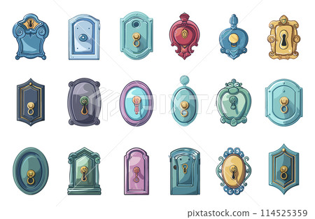 Cartoon Doorknobs and keyholes. Vector Set of Colorful Door Handle Designs in Various Shapes for Home Decor, Interior Design, Renovation, Hardware, Household, Stylish, and Decorative Concepts Cartoon Doorknobs and keyholes. Vector Set of Colorful Door Handle Designs in Various Shapes for Home Decor, Interior Design, Renovation, Hardware, Household, Stylish, and Decorative Concepts 114525359