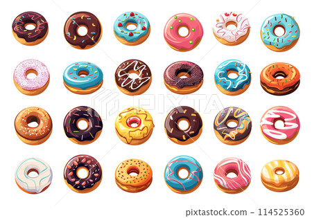 Cartoon Donuts. Icon Set in Simple Flat Style on White Background for Breakfast, Snack, Bakery, Confectionery, Dessert, Pastry, Sweet Treats, Food, Delicious, Tempting, and Culinary Themes Cartoon Donuts. Icon Set in Simple Flat Style on White Background for Breakfast, Snack, Bakery, Confectionery, Dessert, Pastry, Sweet Treats, Food, Delicious, Tempting, and Culinary Themes 114525360