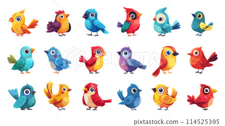 Cartoon Birdies. Cartoon Icons Set, Depicting Funny, Colorful, and Playful Birds on White Background for Animal, Wildlife, Humor, Cheerful, Joyful, Entertainment, Feathered Friends Concepts 114525395