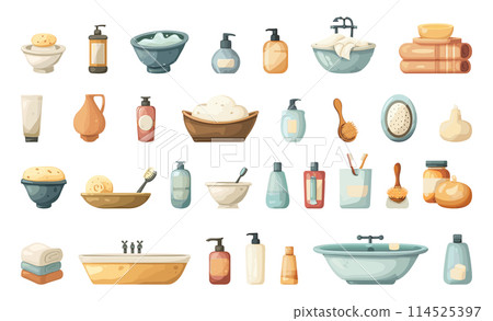 Cartoon Bath Treatments. Icon Set in Simple Flat Style for Shower, Bath, Relaxation, Wellness, Spa, Hygiene, Personal Care, Self-Care, Pampering, and Bathroom Concepts 114525397