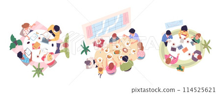 People at table top view. Educational group roundtable preparation exam, business team meeting and family dinner eat together 114525621