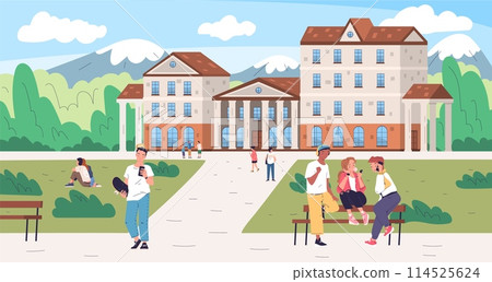 Campus park. American students outside university establishment, college knowledge education student talk school library house modern building exterior, classy vector illustration 114525624