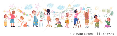 Kids painting wall. Children painter on knees or ladder with crayons draw in kindergarten, school art pencil drawing competition cartoon fun kid artist, classy vector illustration 114525625