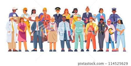 Group different professions. Professional workers various occupations, people in work uniform mixing profession careers, servant job characters labor day recent vector illustration Group different professions. Professional workers various occupations, people in work uniform mixing profession careers, servant job characters labor day recent vector illustration 114525629