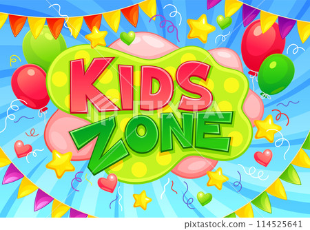 Kids zone banner. Little kid playground game area playroom party funny label, cartoon font decoration background for children entertainment education 114525641