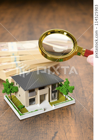 A miniature house and a stack of bills (+magnifying glass) 114525903