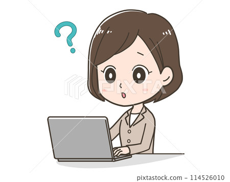 Illustration of a business woman wondering in front of a computer 114526010