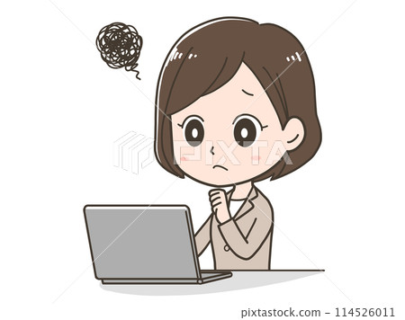 Illustration of a business woman worried in front of a computer 114526011